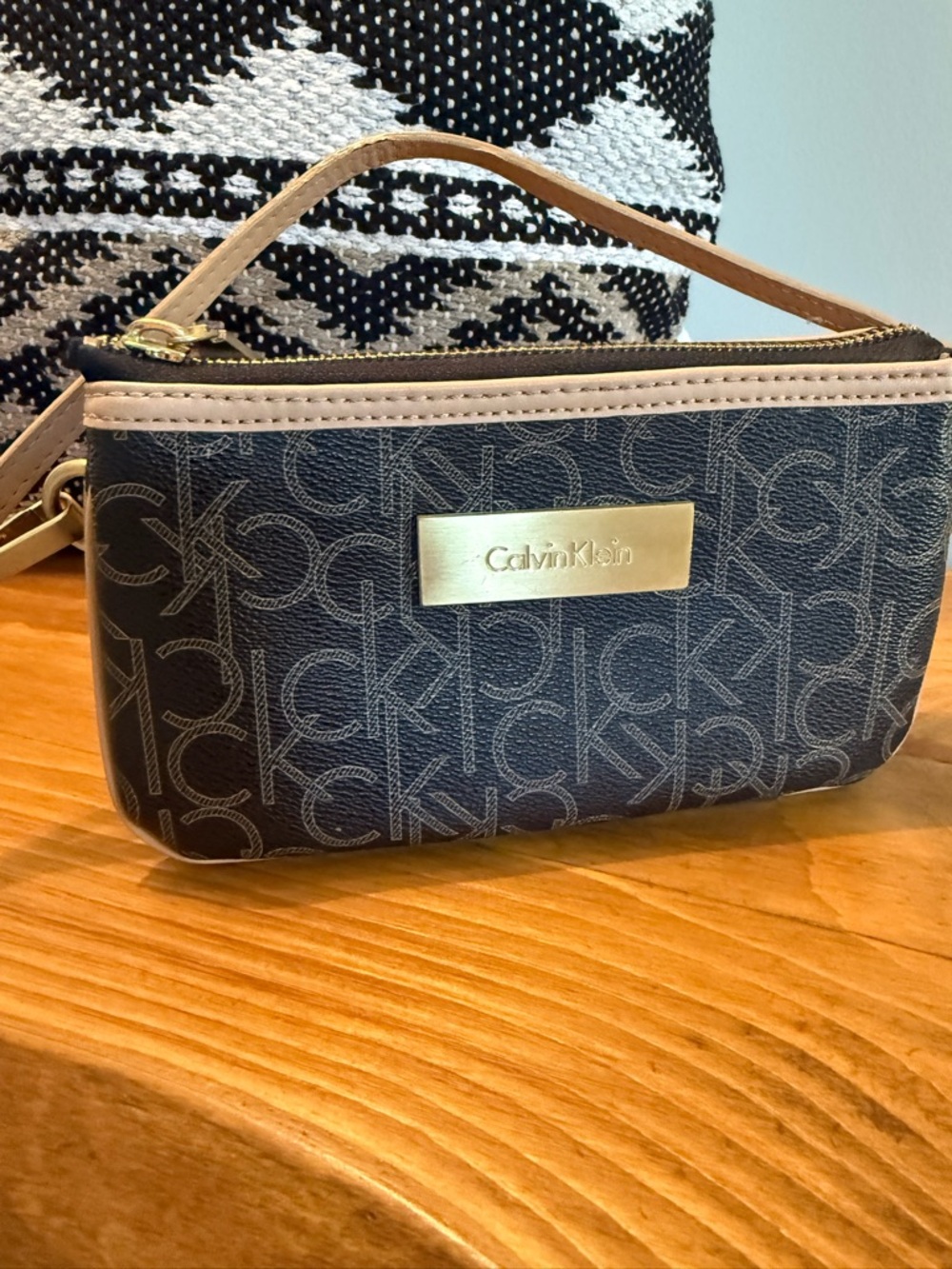 Calvin Klein Navy & Cream Signature Wristlet with Gold Plate
